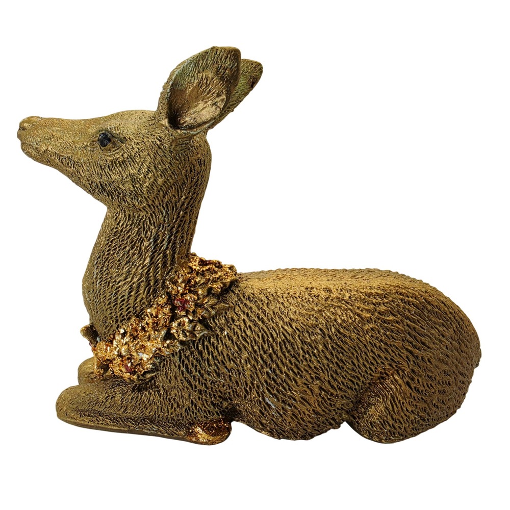 Vintage Gold Reclining Deer Figurine Textured Holiday Wreath Decor Thailand